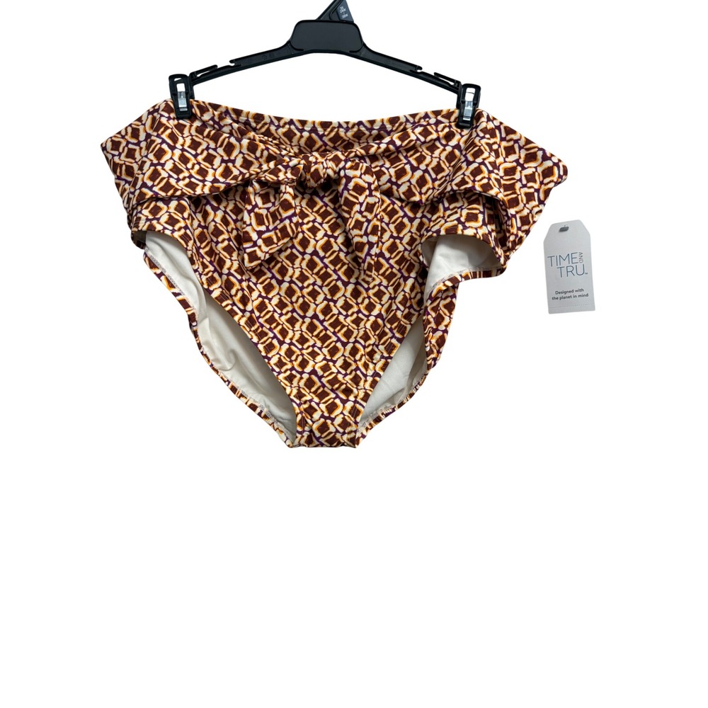 Time and Tru Womens 3X High Rise Tie Front Bikini Bottom Geometric Print Brown